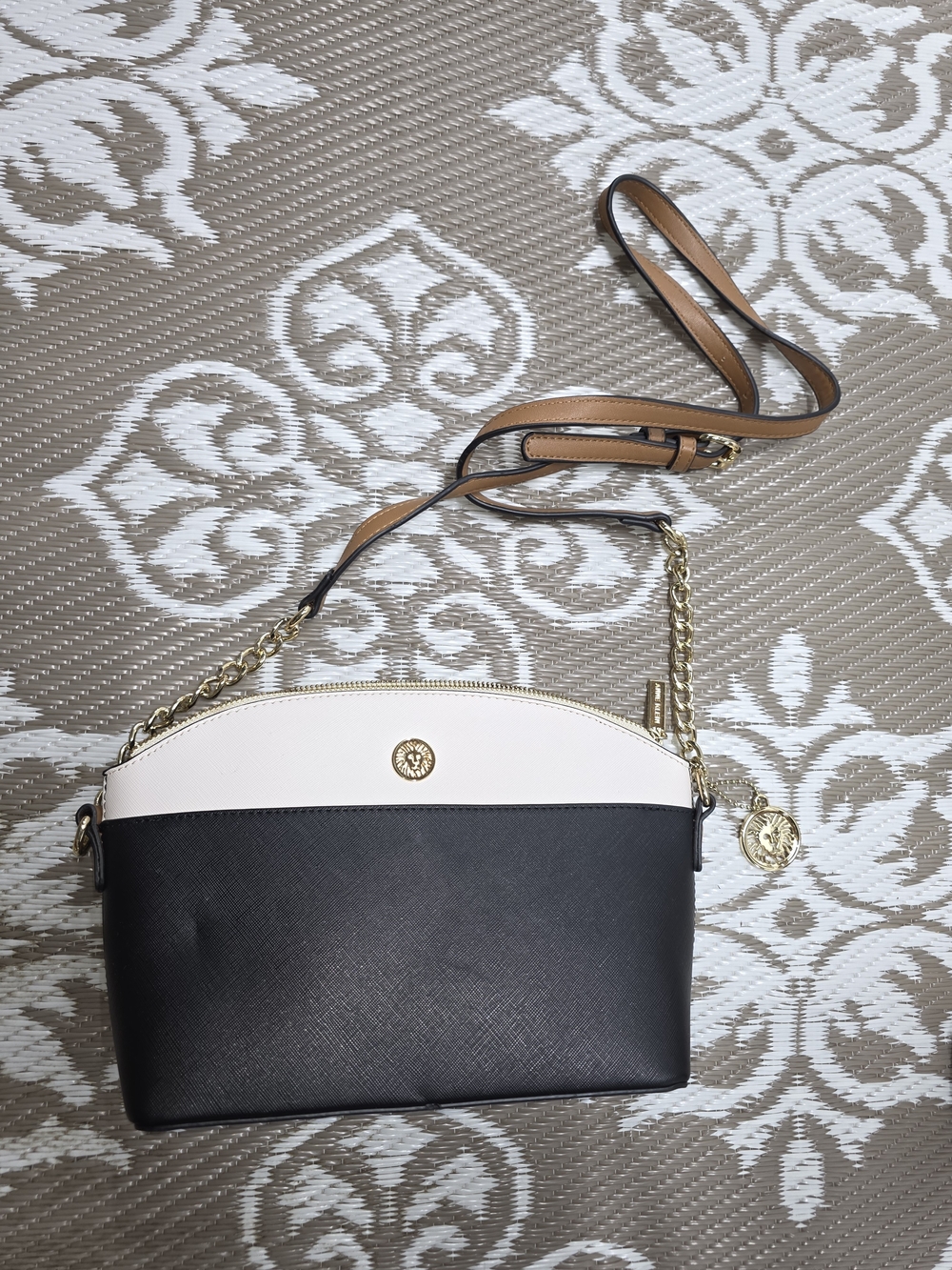 Anne Klein Black and Cream Two-Tone Crossbody with Gold Accents